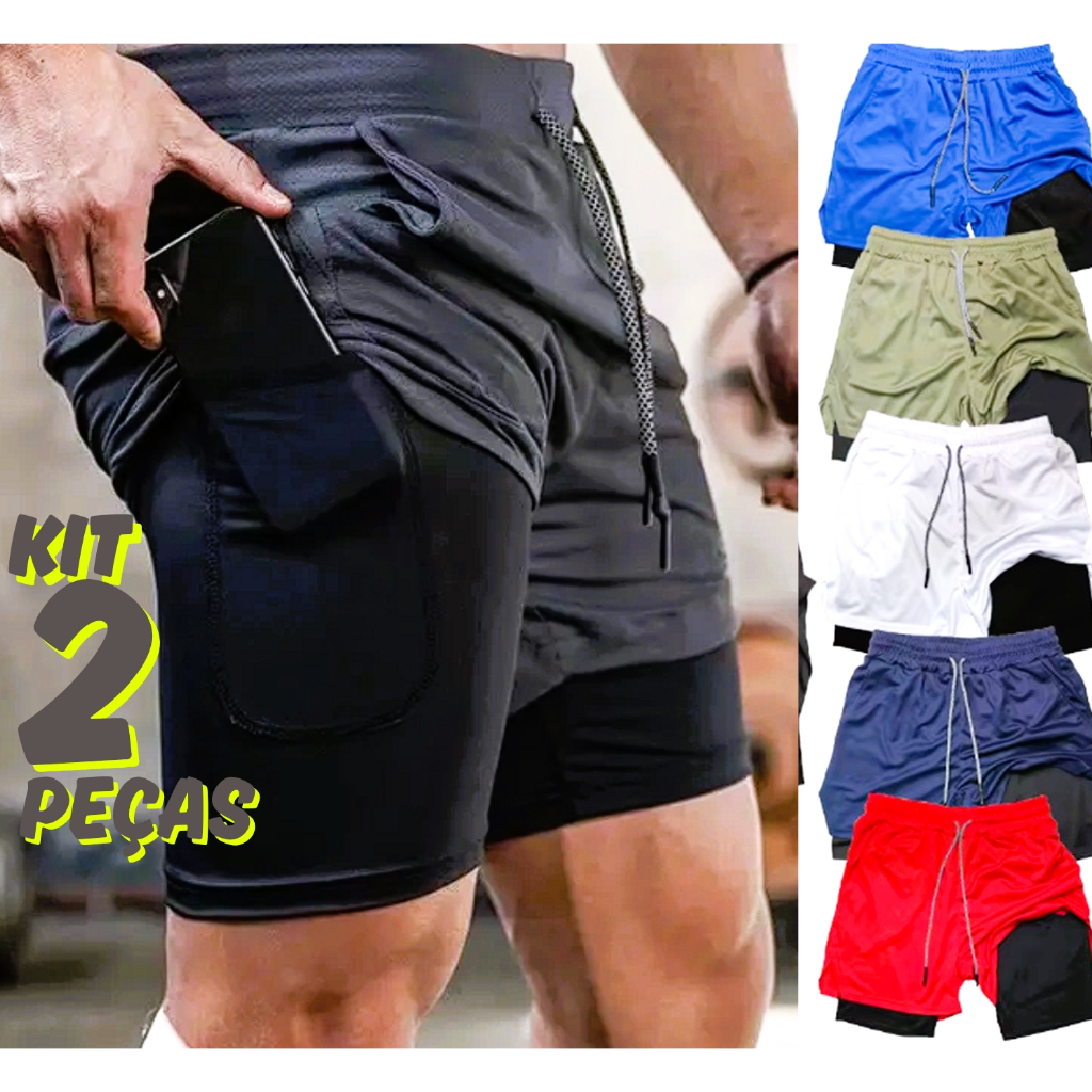 Kit 2 Shorts Bermuda Masculino 2 em 1 Short Duplo Sport para Academia e ...