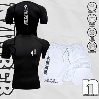 Kit Academia Camiseta Compressao E Short 2 em 1 Jujutsu Kaisen Toji Escrita Japones Secagem Rapida