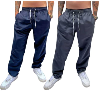 Kit 2 Calças Tactel Grosso Masculina C Elástico E Cordão Para Amarrar Lisa Costura Reforçada Com 3 Bolsos