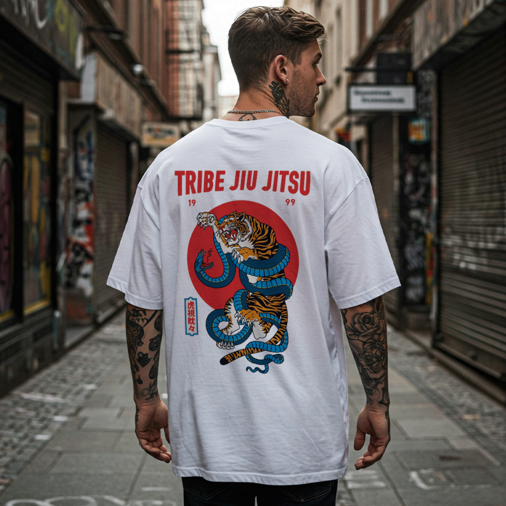 Camiseta Oversized Tribo do Jiu Jitsu Frente e Costa em Algodão