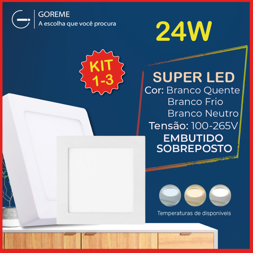 Kit 3 Luminária Painel Plafon Sobrepor Led 24w Quadrado Branco Quente | Branco Frio | Branco Neutro