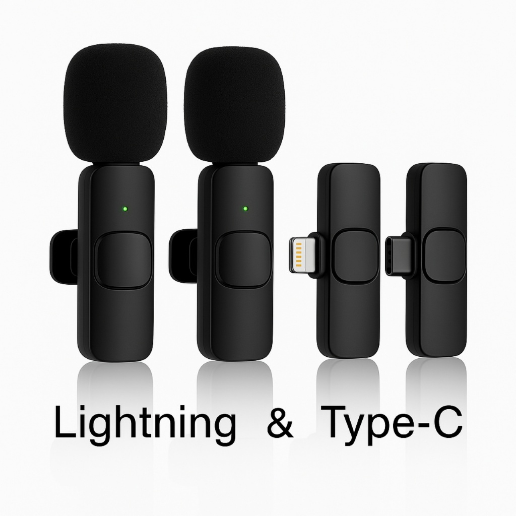 Microfone De Lapela Duplo iPhone Android Longo Alcance Tipo C Lighting Sem Fio Profissional K9
