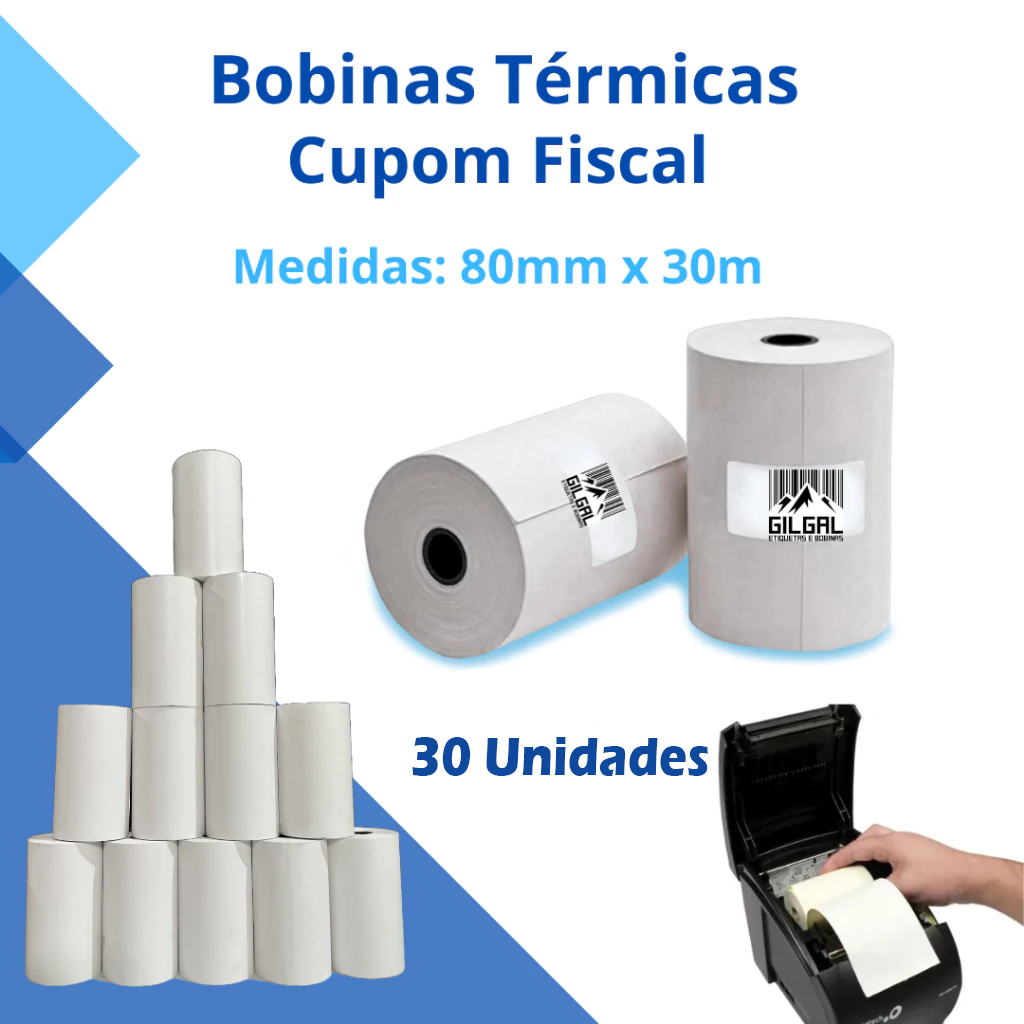 Bobina termica 80x30 cupom fiscal branca com 30 UNIDADES p/ impressora ...