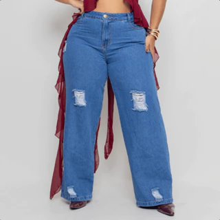 Calça Wide Leg Plus Size Jeans Feminina Levanta Bumbum cintura alta