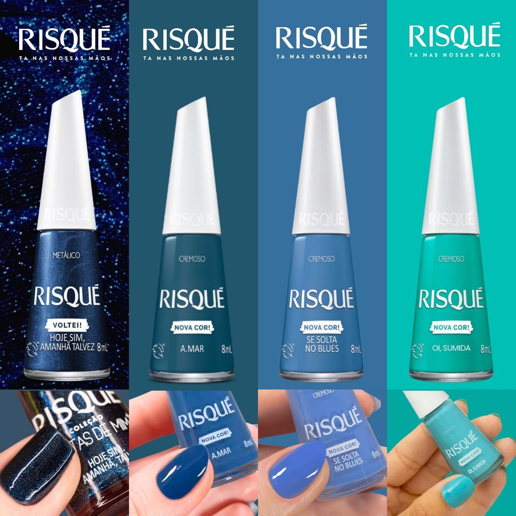 Kit 4 Esmaltes Risqué Tons Azul Cremoso Metalico Nova Coleção Risqué ...
