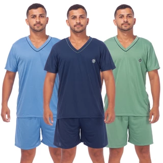 Kit 3 Pijamas Masculino Liso Short Curto Manga Curta Confortável Promoção em Oferta na Shopee