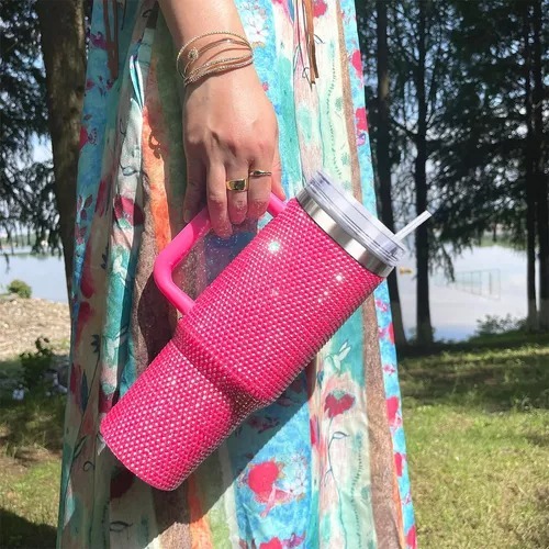Copo Térmico 1200ml Com Strass Brilhante Com Alça Tampa E Canudo