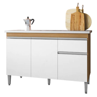 Balcão Cozinha 3 Portas Tatiane 120cm Amêndoa Branco Sem Tampo