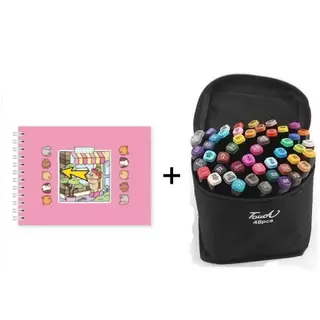 Kit Canetinhas Ponta Dupla Marca Texto +24/36/48/60/80 Livro De Colorir  Capa Dura 50 Páginas