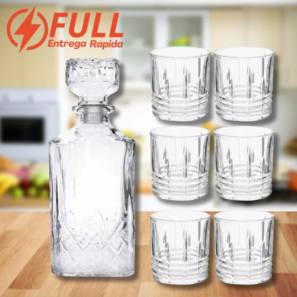 Conjunto Garrafa Vidro Whisky 900ml + 6 Copos Luxo - Mimo Style
