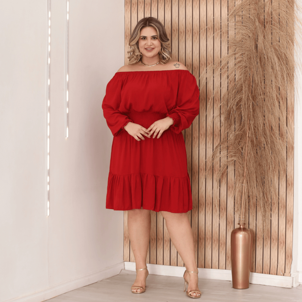 Vestido Curto Manga Longa Ciganinha Plus Size Acinturado Soltinho