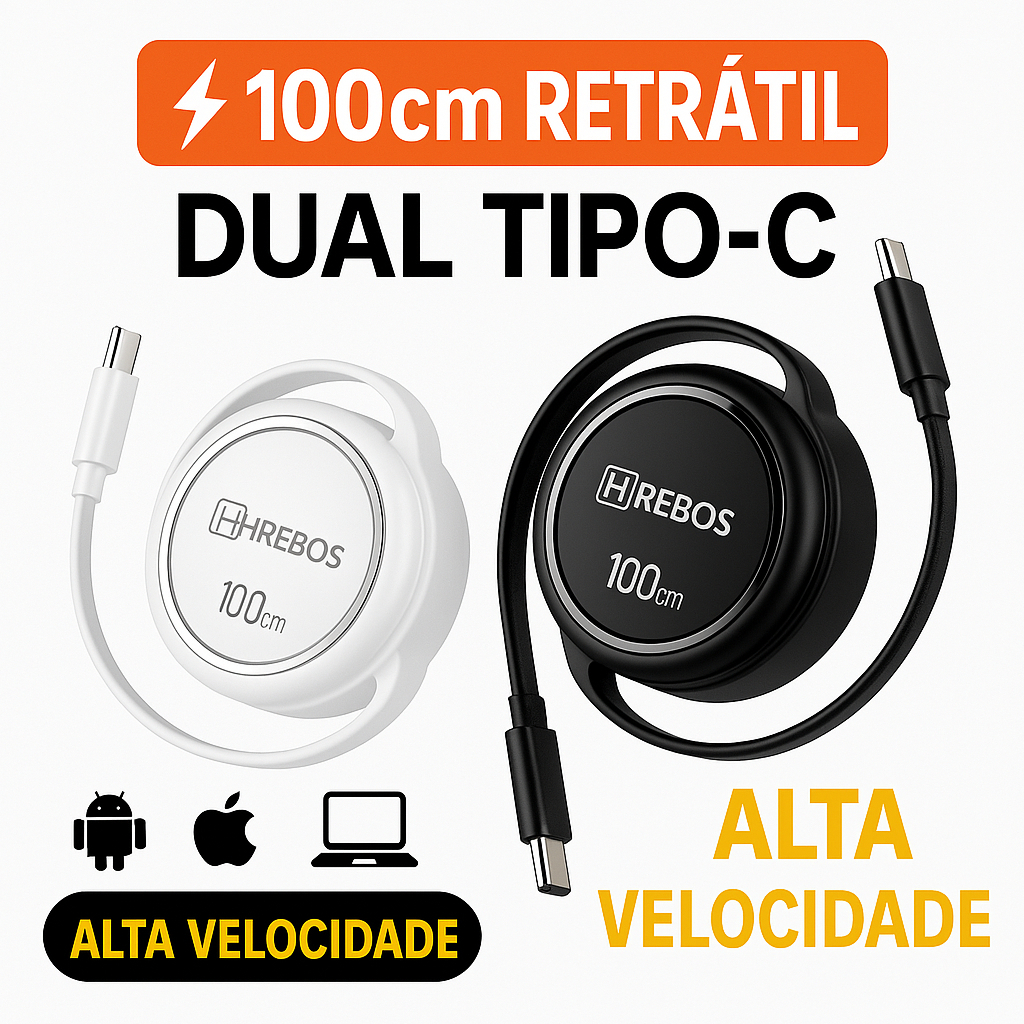 Cabo de Carregamento Retrátil 100W USB-C Para USB-C 1m P/Android Carga Rápida Ultra Resistente