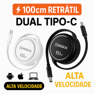 Cabo de Carregamento Retrátil 100W USB-C Para USB-C 1m P/Android Carga Rápida Ultra Resistente