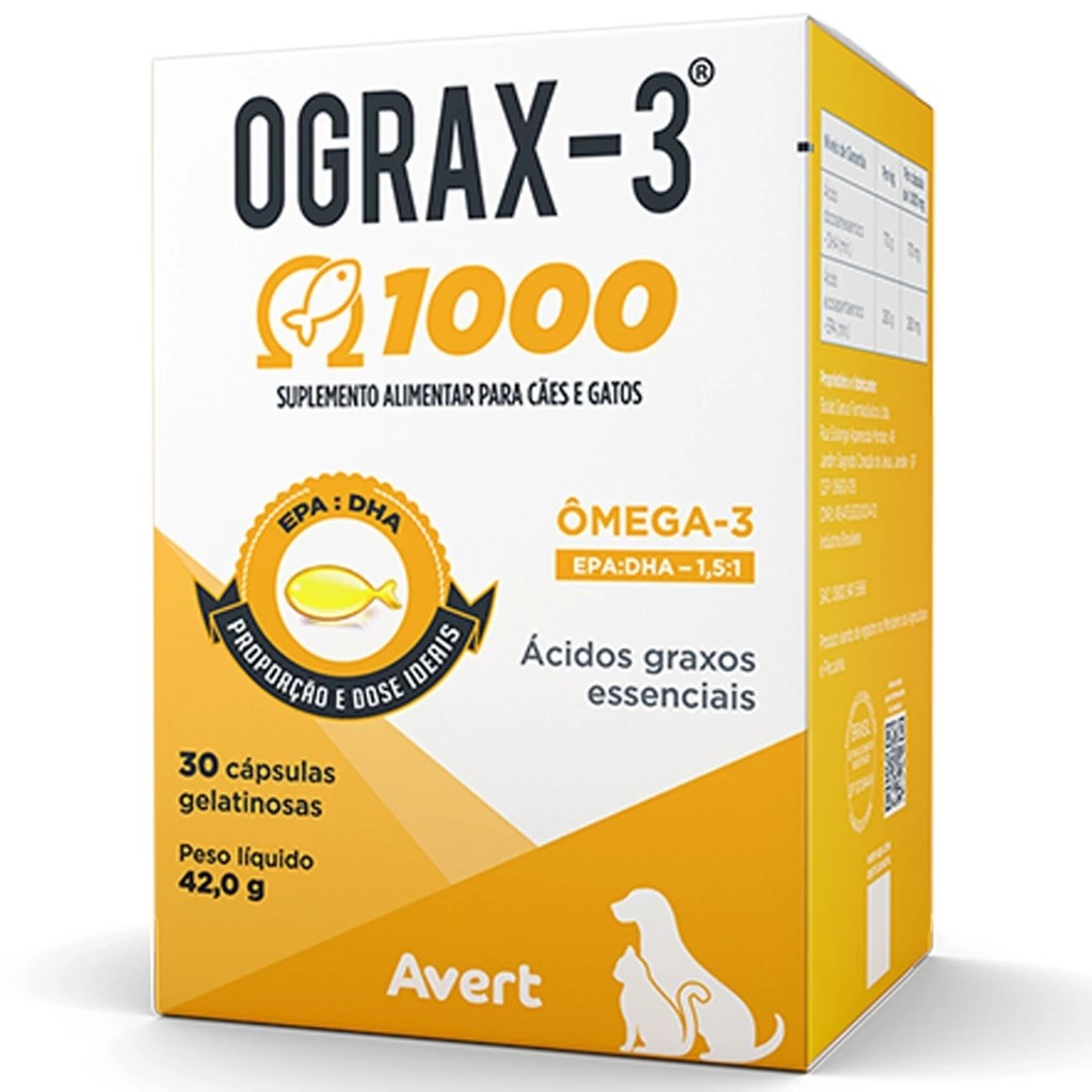 Ograx-3 1000 Ômega 3 Para Cachorros e Gatos 30 Cápsulas Ácidos Graxos ...