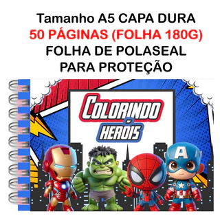 Livro de Colorir HEROIS 50 Folhas Papel 180g wire-o capa normal ou holográfica e elástico pintar color book bob good em Oferta na Shopee