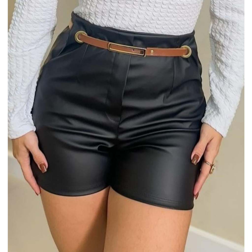 shorts Femenino de couro com cinto | Shopee Brasil