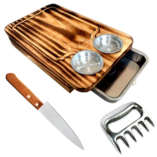 Kit Churrasco Tábua Madeira Desenhada 2 Pote Faca Garra Urso
