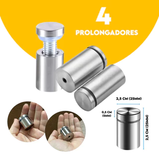 Kit com 4 Prolongador Para Vidro Madeira Aço Inox Escovado 25x25mm com 2 arruelas