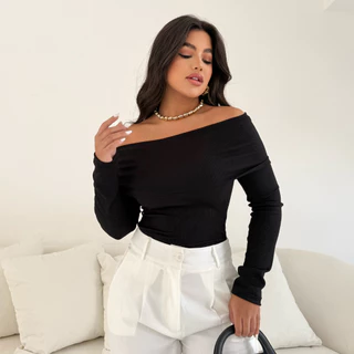 Blusa manga longa Ombro a Ombro Decote com babado inverno tendência