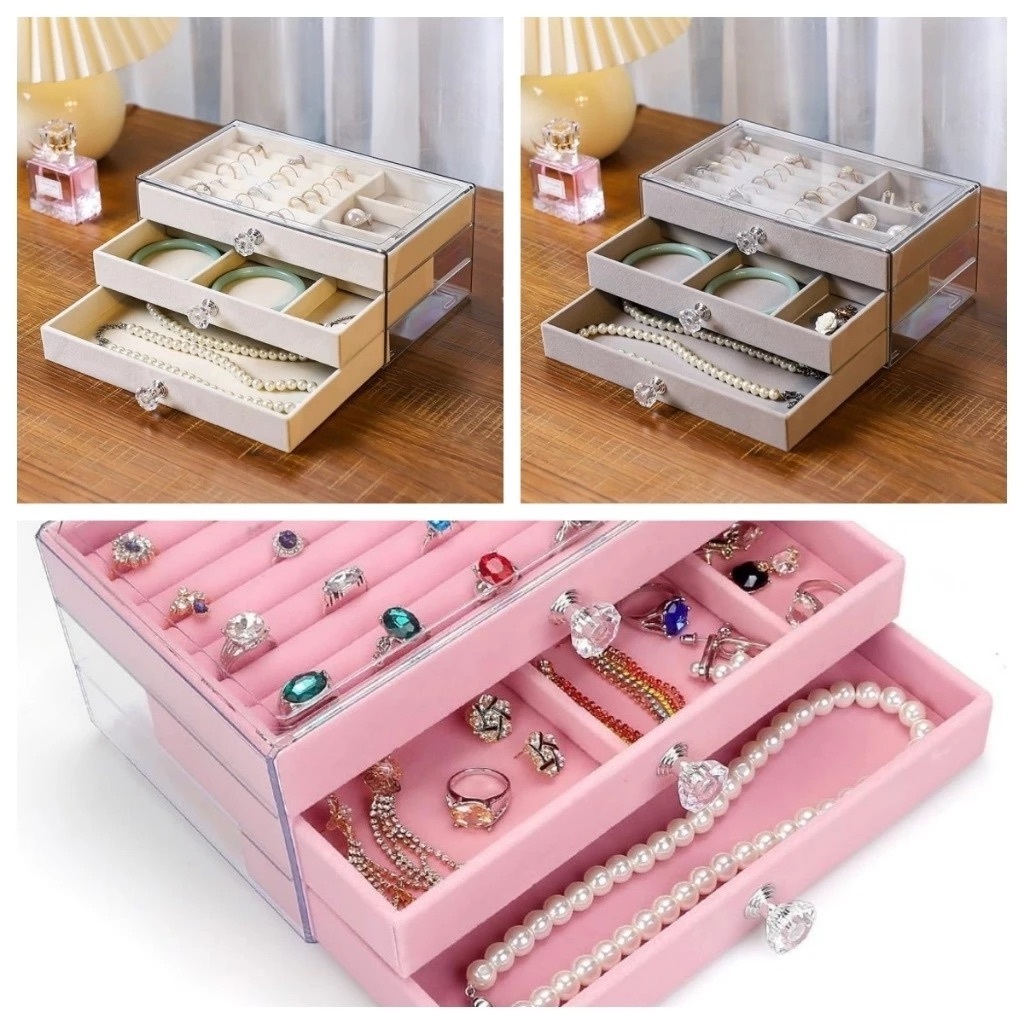 Porta Joia Acrílico Luxo Com 3 Camadas Brinco Anel Compartimento Caixa de Armazenamento De Jóias
