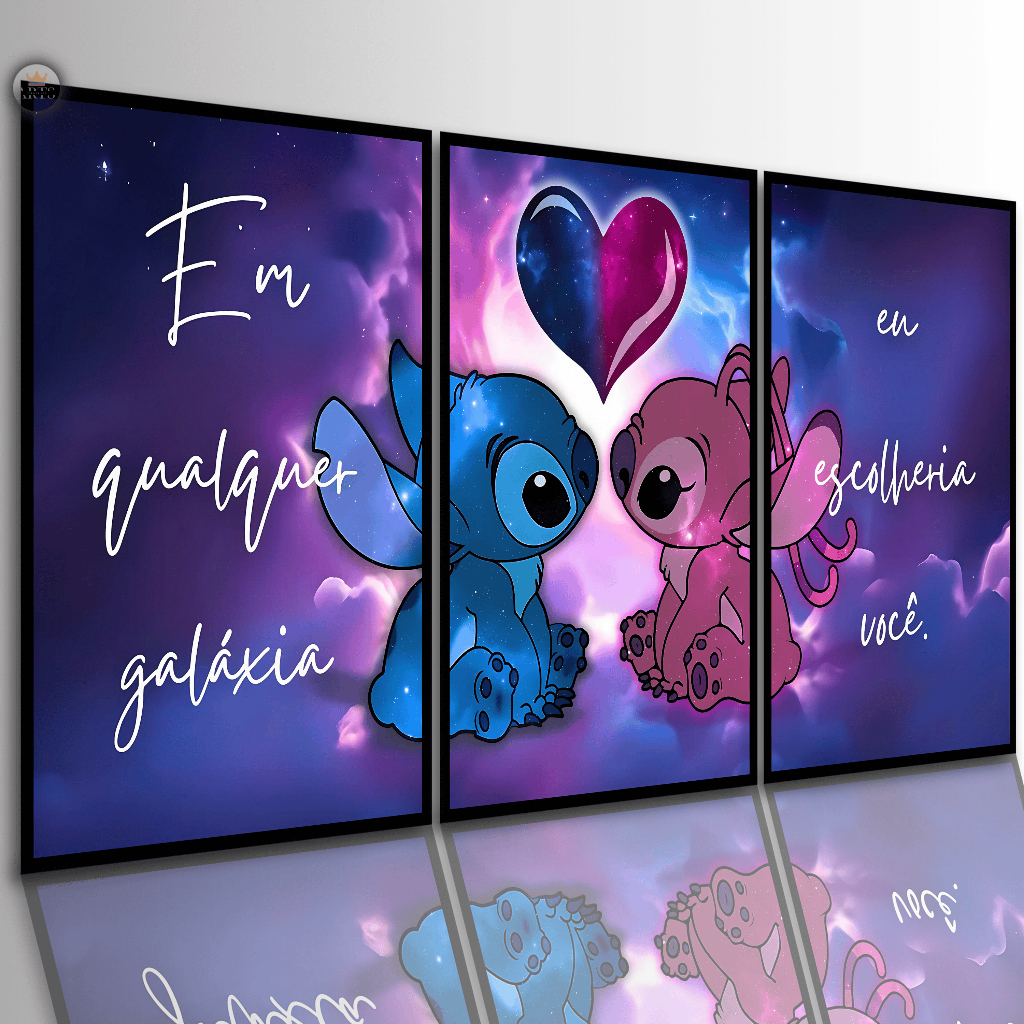 Quadros Decorativos Stitch e Angel Galáxia Frases 3 Peças Lillo Desenho Sala