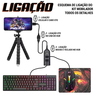 Kit Mobilador Completo 6 Peças Teclado Mouse Gamer Rgb Mouse Pad Hub Tripe Otg Micro e Tipo c em Oferta na Shopee