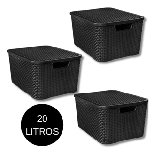 3 Caixas Organizadoras Rattan Grande com Tampa 20 Litros