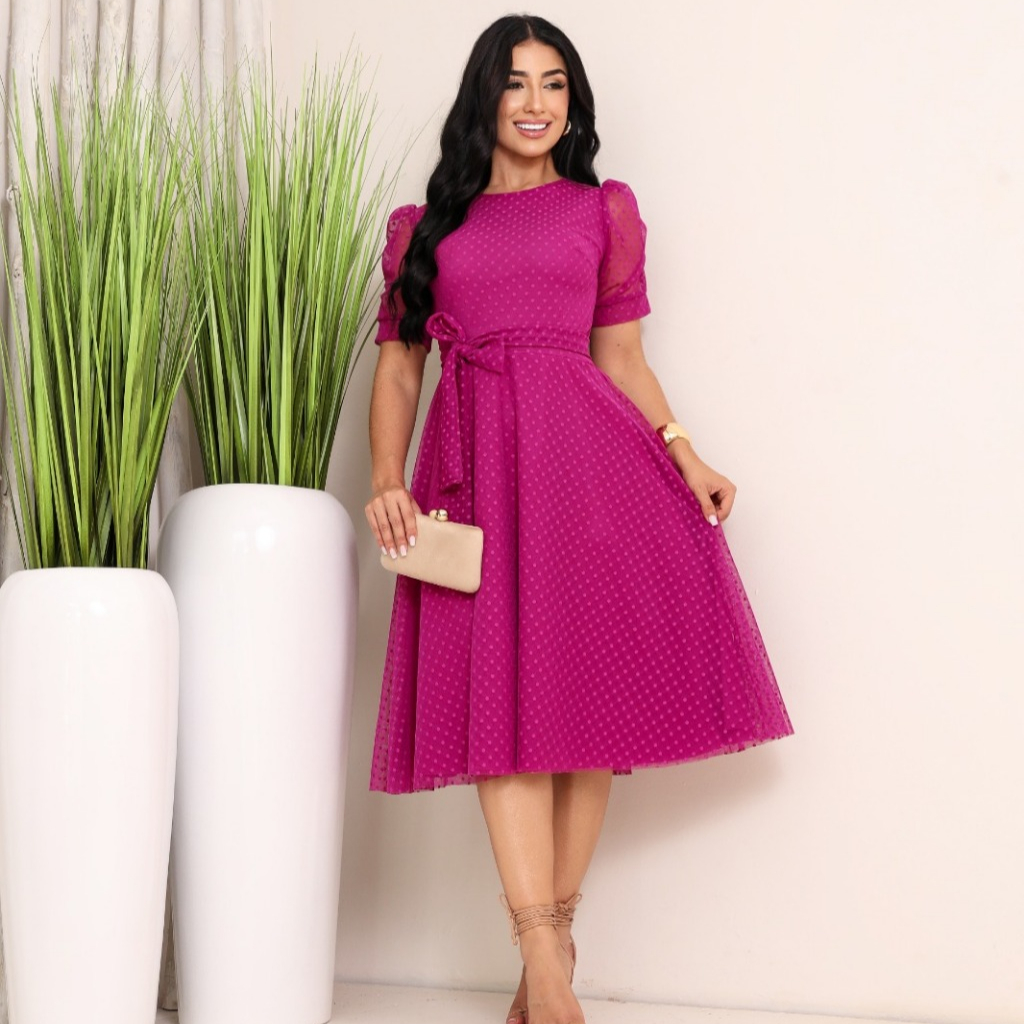 vestido godê moda evangélica mídi de tule com faixa M-G | Shopee Brasil