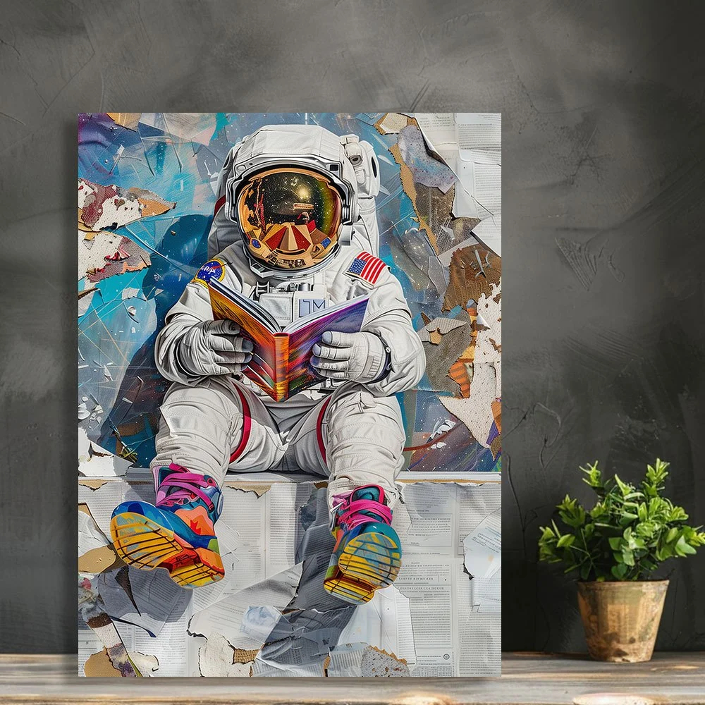 Quadro decorativo 1 pç, arte Um Astronauta Sentado em uma Parede Lendo um Livro linda decoração