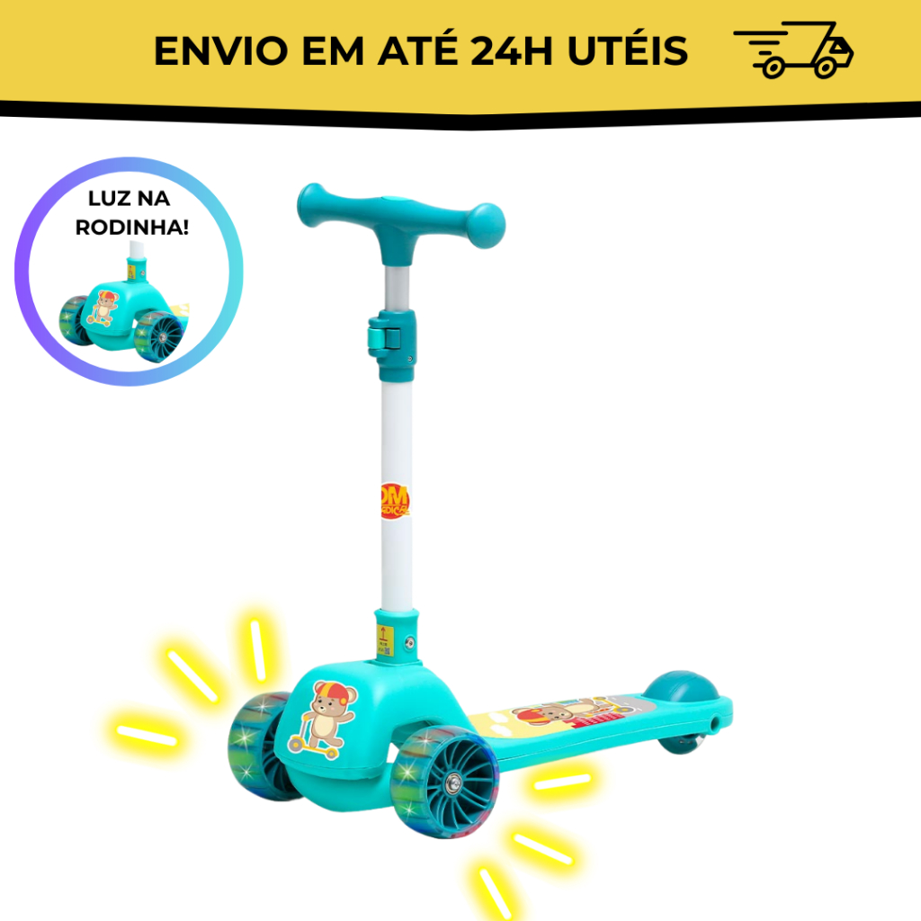 Patinete infantil 3 Rodas com Luz Led e Freio Ajustável até 40kg Menino ...