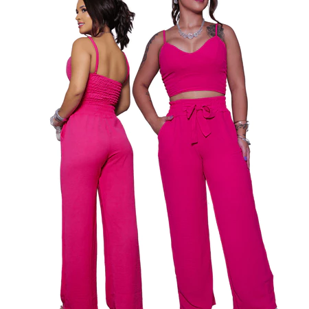 Conjunto Feminino Duna Pantalona e Cropped com Bojo Alça Regulável Alfaiataria Elegante