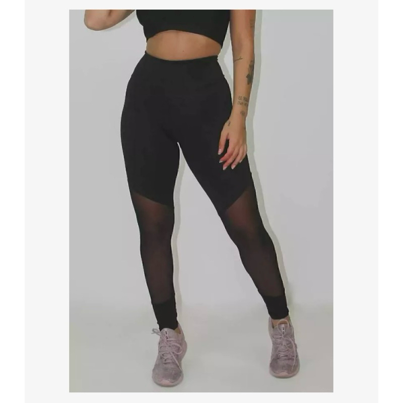 Calça Transparente Legging Fitness Preto Detalhe Tule | Shopee Brasil