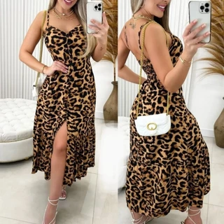 Vestido Midi longo Crepinho Com Bojo e Botões na onça e bolinha em Oferta na Shopee