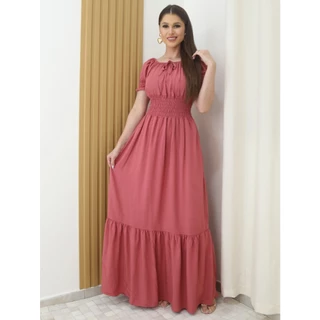 A&D Vestido Longo feminina Viscose Linho De Festa Liso  Com Elástico Forro em Oferta na Shopee