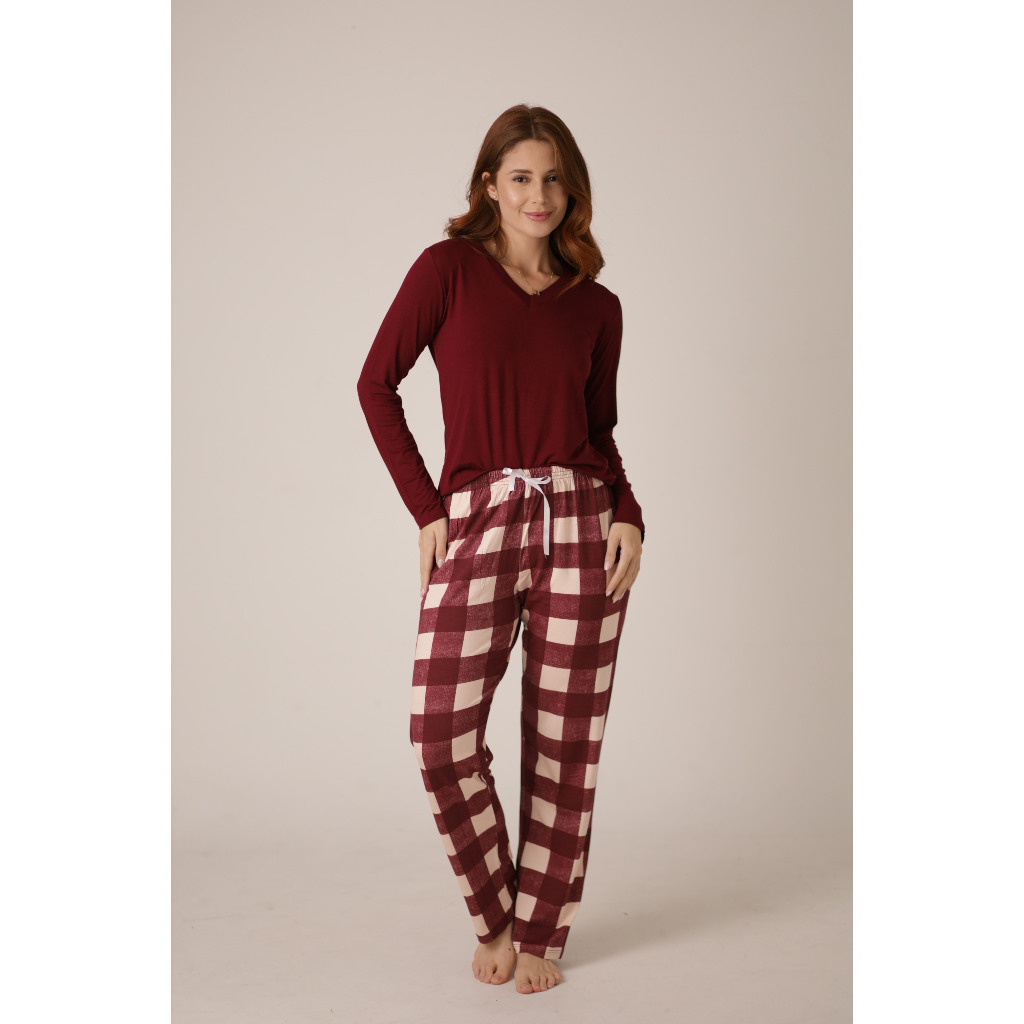 Smara Modas Pijama Xadrez Longo Fechado Feminino Manga Comprida P ao G1