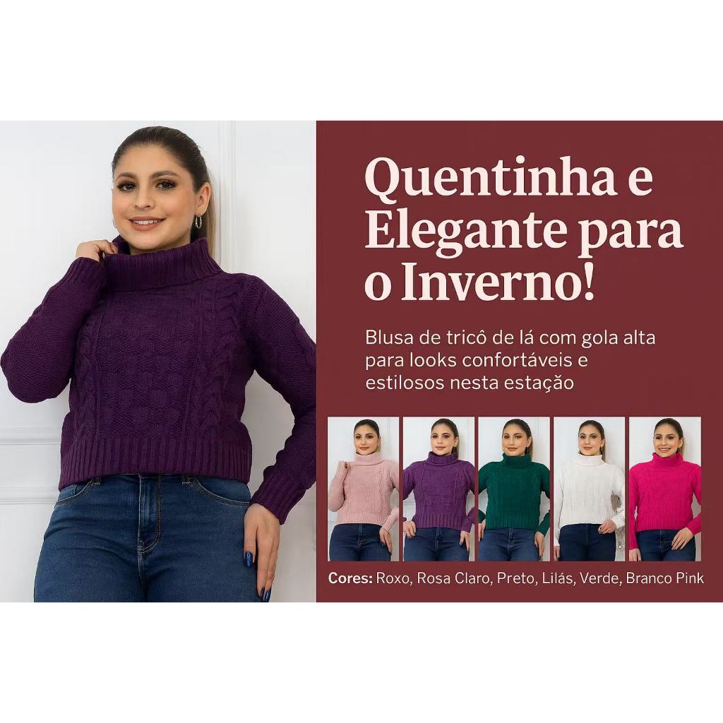 Blusa de Tricô Feminina Gola Alta Inverno | Suéter Quente de Lã com ...