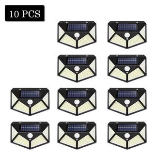 Kit 10 Lâmpada LED Solar com Sensor de Movimento 100 LEDs, 20W, IP65, Luz Branca Mais de 8 Horas Entrada Jardim Decorar