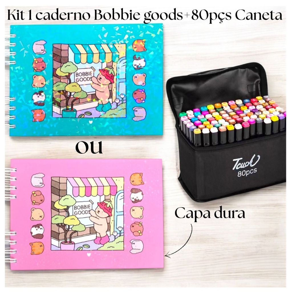Kit Bobbie Goods Holográfico Caneta 24/48/36/60/80 Peças+ 1 Caderno Azul ou Rosa capa Dura brilhante