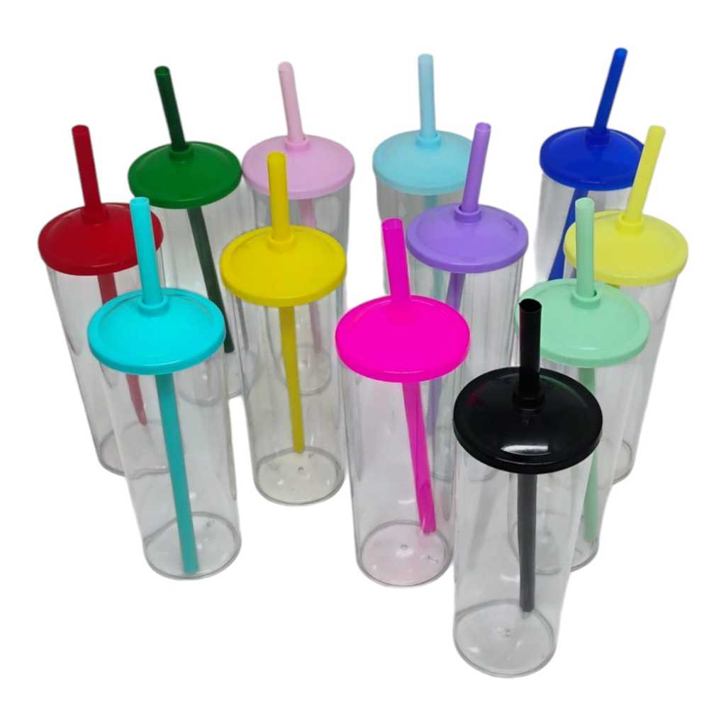 15 copos long drink transparente com tampa e canudo colorido. OBS ...