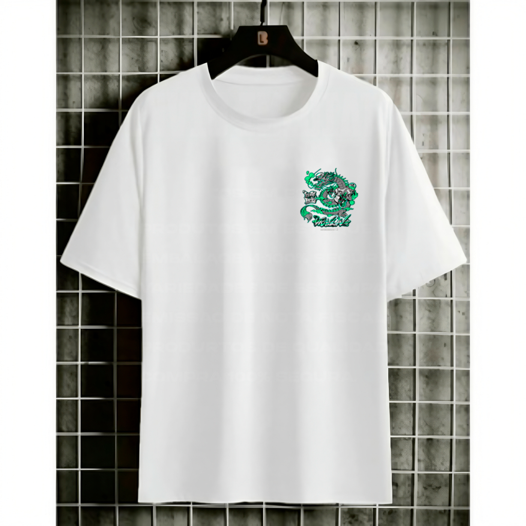 Camiseta Dragão Verde Oriental Japão Estampa Frente e Costa Camisa