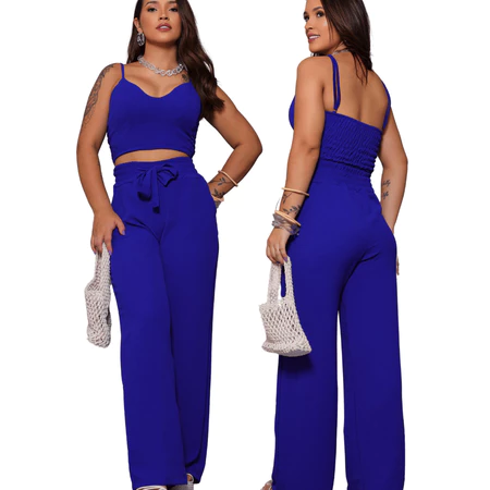 Conjunto Feminino Duna Pantalona e Cropped com Bojo Alça Regulável Alfaiataria Elegante