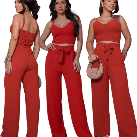 Conjunto Feminino Duna Pantalona e Cropped com Bojo Alça Regulável Alfaiataria Elegante