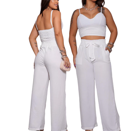 Conjunto Feminino Duna Pantalona e Cropped com Bojo Alça Regulável Alfaiataria Elegante
