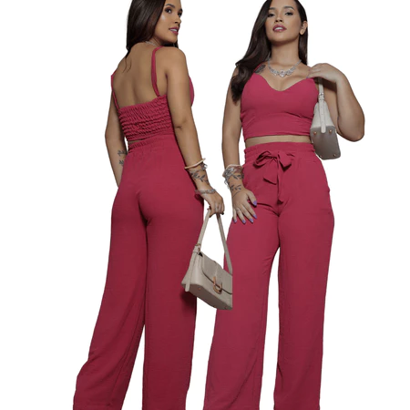 Conjunto Feminino Duna Pantalona e Cropped com Bojo Alça Regulável Alfaiataria Elegante
