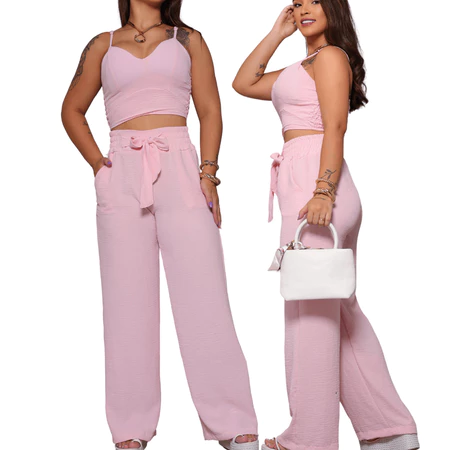 Conjunto Feminino Duna Pantalona e Cropped com Bojo Alça Regulável Alfaiataria Elegante