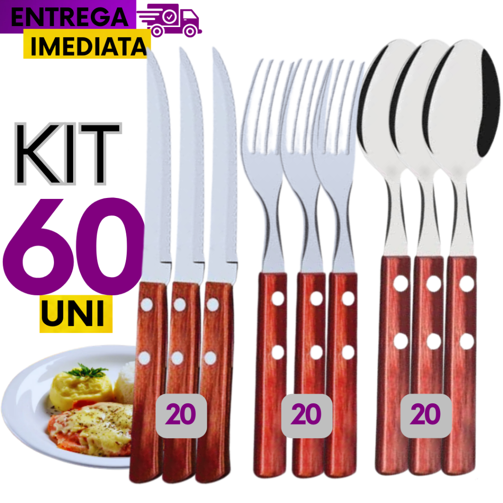 Kit 60 Talher - 20 Colher 20 Garfo 20 Faca de Inox com Cabo de Madeira ...