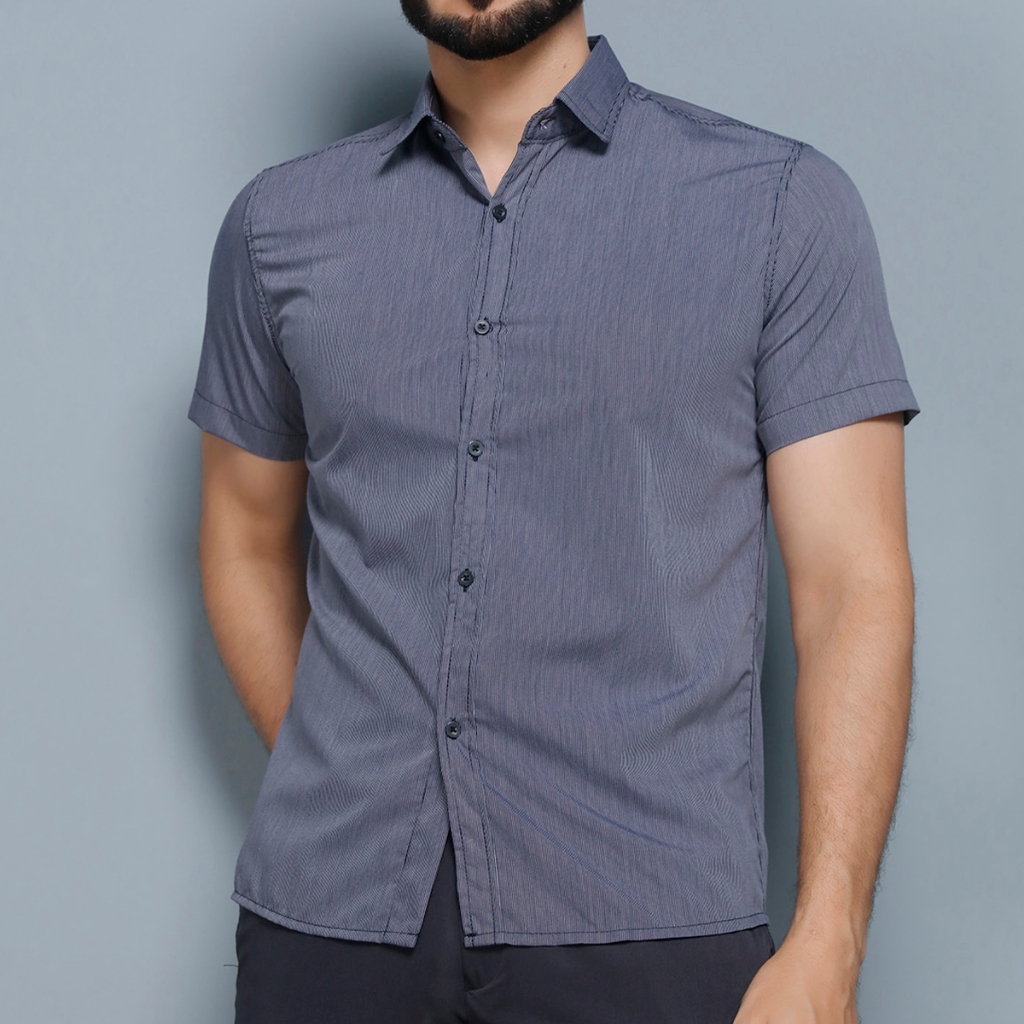 camisa social Manga curta listra slim fit nao amassa passa fácil