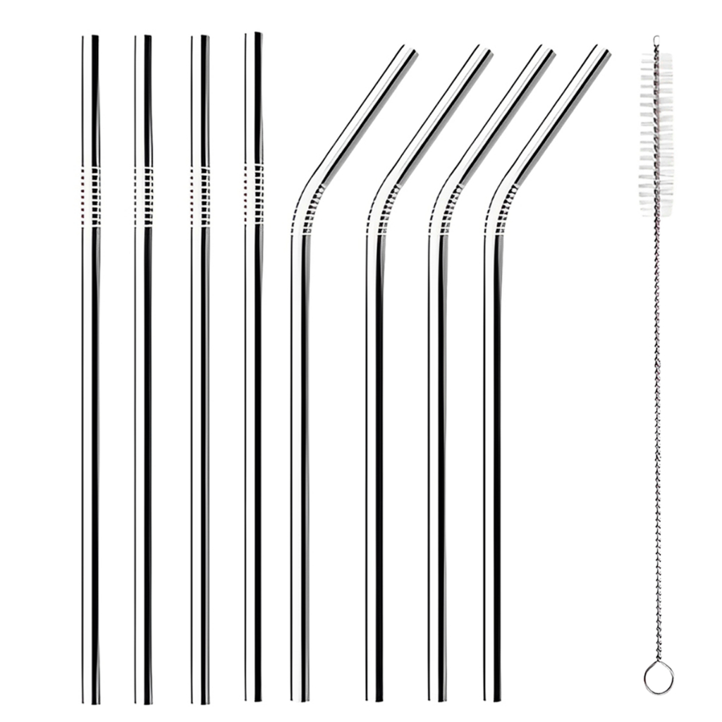 Combo 08 Canudos Inox Curvos com Escova Ecológico Reutilizáveis Laváveis