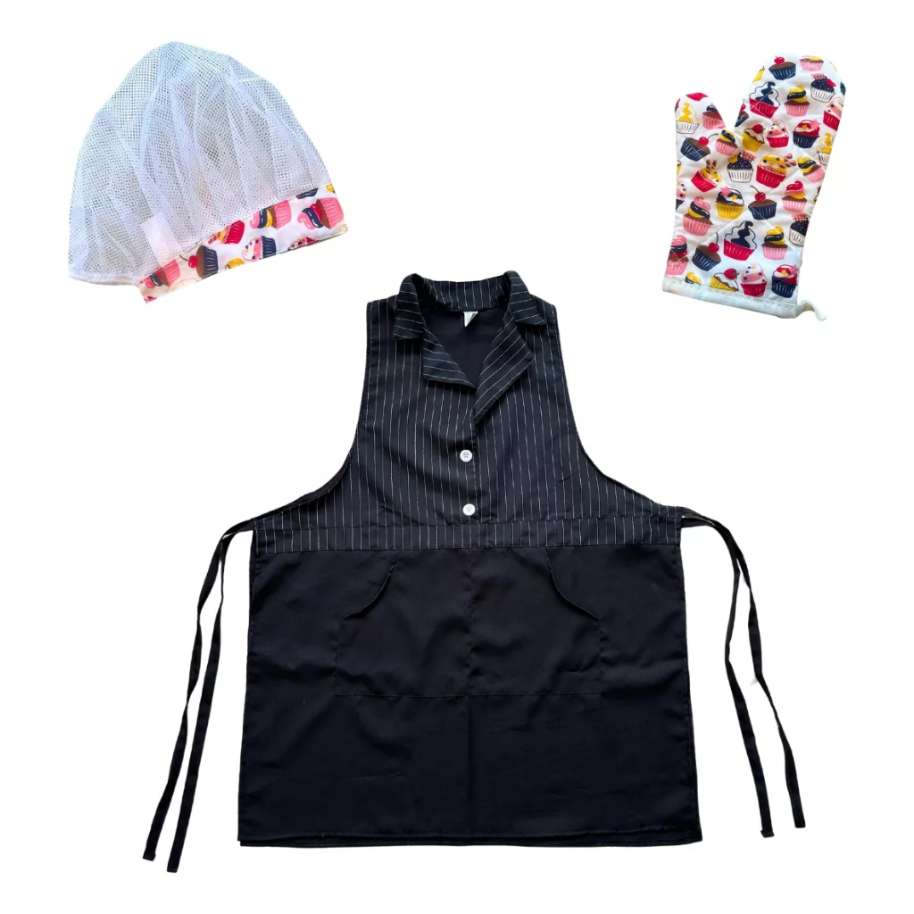 Avental Confeiteira C/ Bolso + Touca De Tule + Luva Térmica