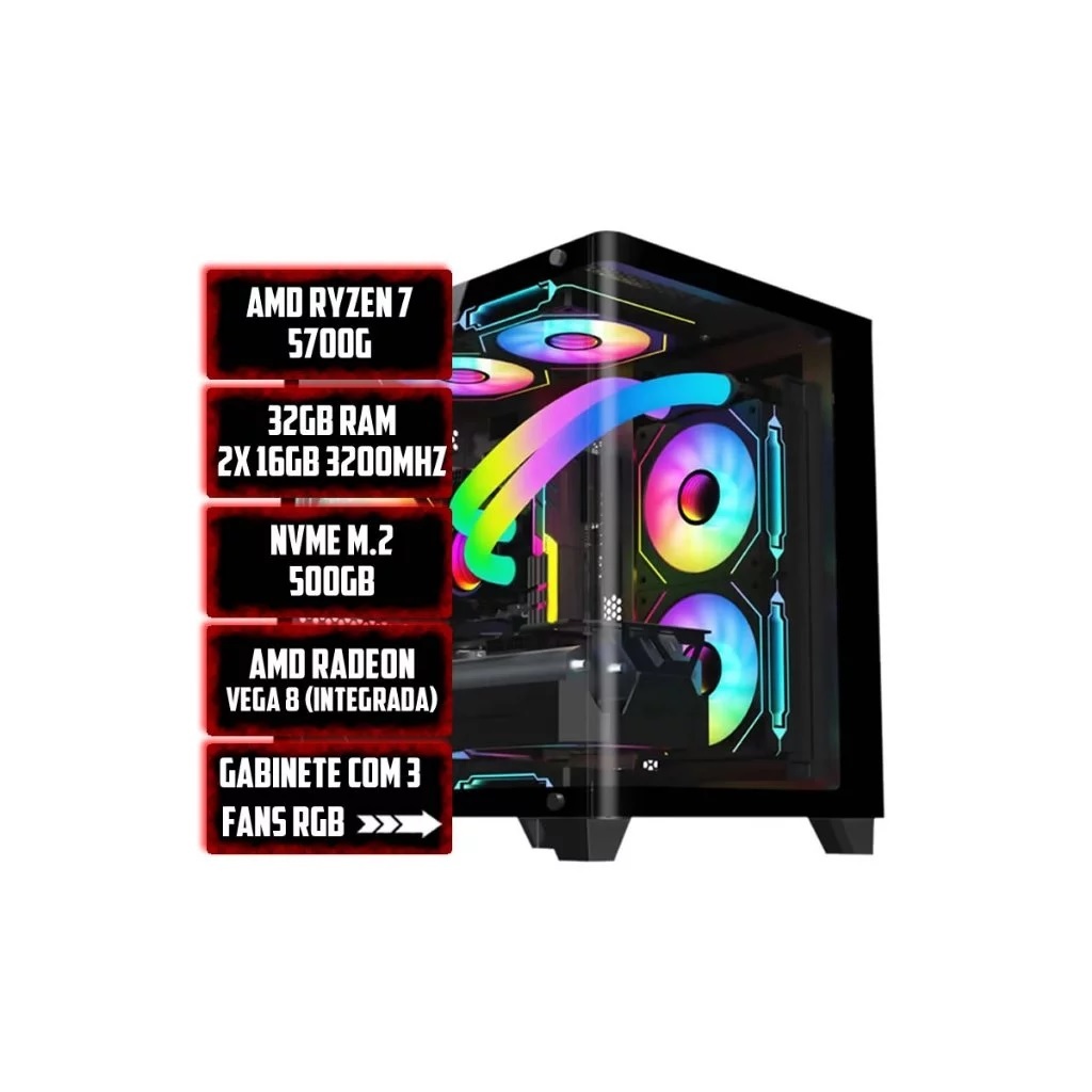 CPU Gamer AMD Ryzen 7 5700G, 32GB DDR4 RGB, SSD NVMe 500GB, Fonte 600W, Gabinete RGB 3 Fans Aquario